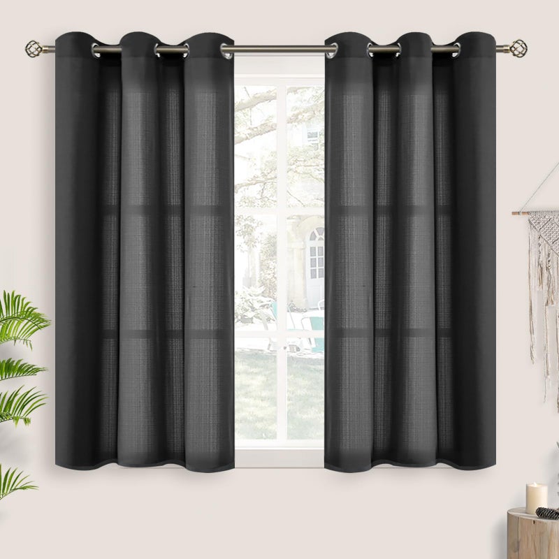 BGment Grey Short Linen Sheer Curtains for Office, Grommet Semi Sheer Light Filtering Casual Textured Privacy Curtains for Bedroom/Living Room, 2 Panels (Each 42 x 45 Inch, Grey) - Image 1